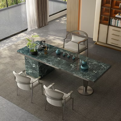Modern Green Marble Tea Table With Comfortable Chairs And Tea Sets 3d model