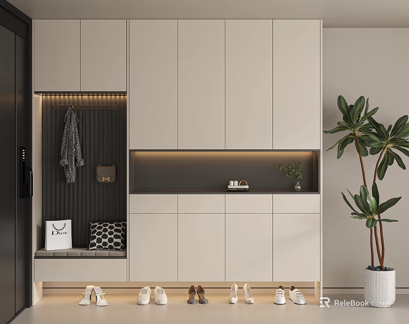 Modern Minimalist Shoe Cabinet Design Featuring Storage Lighting Bench And Green Plant 3d model 