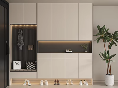 Modern Minimalist Shoe Cabinet Design Featuring Storage Lighting Bench And Green Plant 3d model