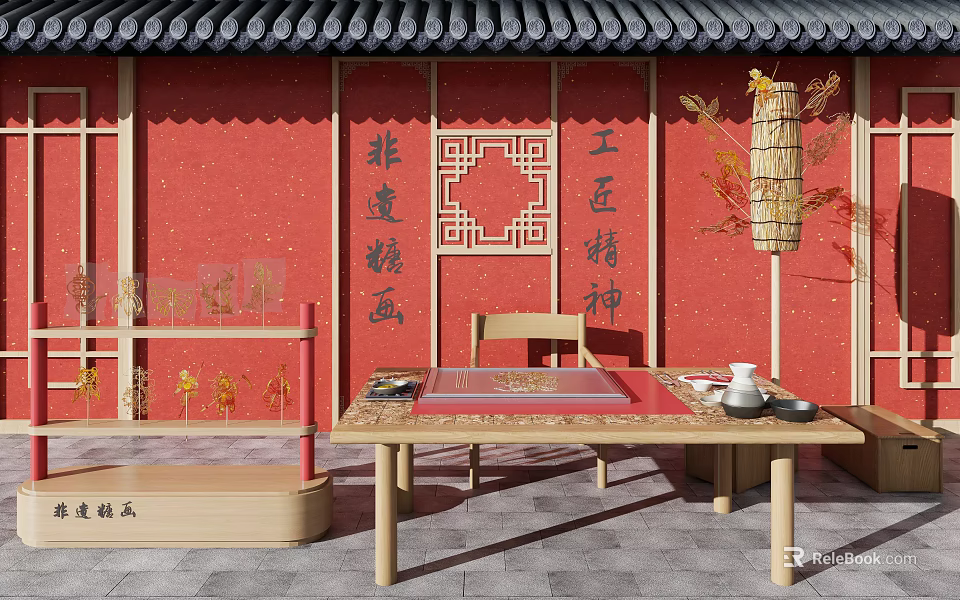 Art Installation Featuring Chinese Traditional Red Wall Lattice Design Sugar Painting And Lantern 3d model 