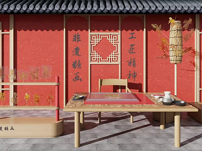 Art Installation Featuring Chinese Traditional Red Wall Lattice Design Sugar Painting And Lantern 3d model