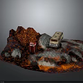 Off road truck traversing volcanic lava terrain with small red structure