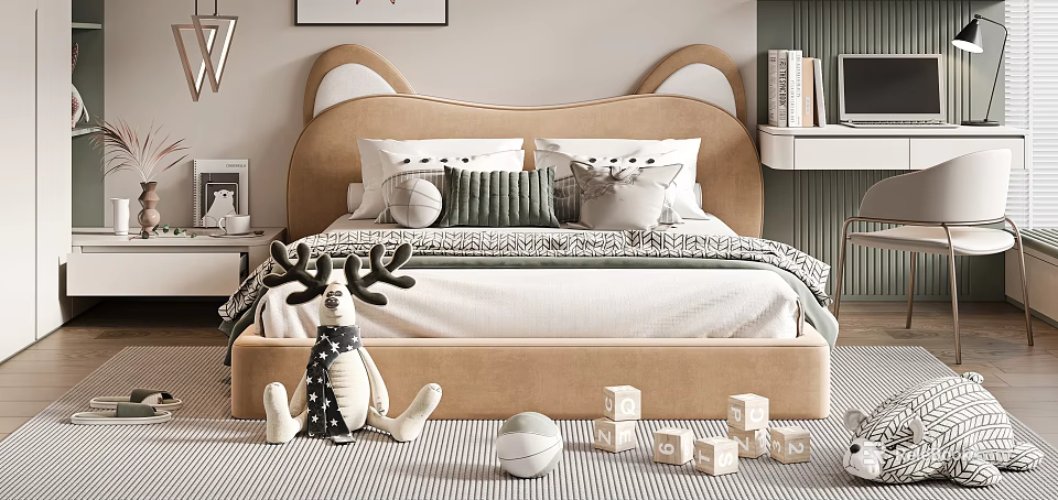 Adorable Kids Bed with Animal Ear Headboard Soft Pillows Toy Deer and Alphabet Blocks 3d model 
