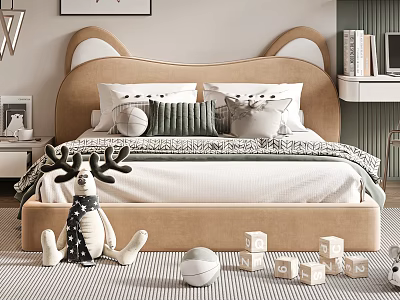 Adorable Kids Bed with Animal Ear Headboard Soft Pillows Toy Deer and Alphabet Blocks 3d model