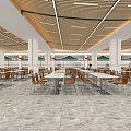 Spacious Modern Dining Hall With Green Awning Counters And Marble Floor 3d model