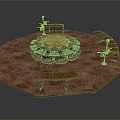 Circular Stone Platform With Surrounding Benches And Decorative Lamps On Textured Floor