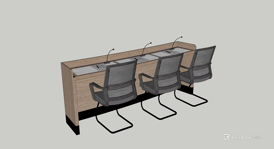 Wooden Office Desk With Microphones Three Gray Mesh Back Chairs Light Top Dark Legs 3d model 