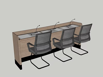 Wooden Office Desk With Microphones Three Gray Mesh Back Chairs Light Top Dark Legs 3d model