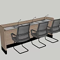 Wooden Office Desk With Microphones Three Gray Mesh Back Chairs Light Top Dark Legs