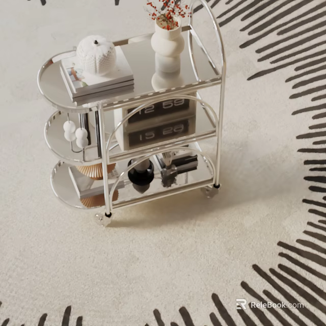 Sleek Modern Rolling Side Table 3 Tier Metal Frame Mirrored Top With Decorative Items 3d model 