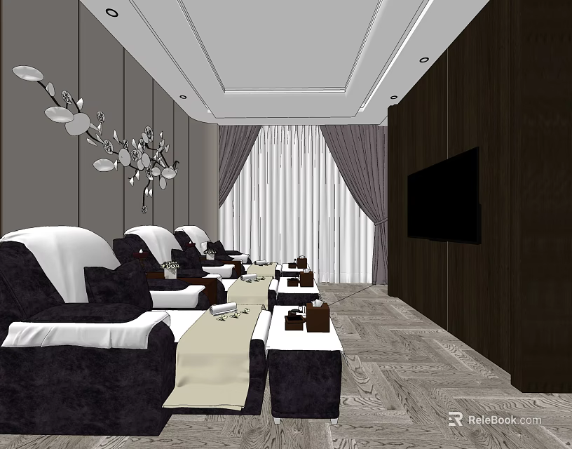 Elegant SPA Sauna Interior With Comfortable Lounge Chairs And Tea Tables 3d model 