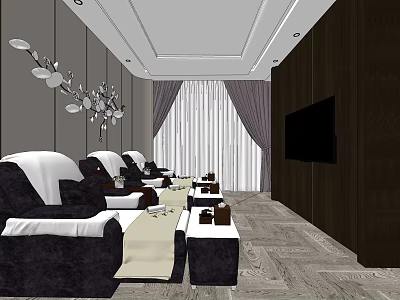 Elegant SPA Sauna Interior With Comfortable Lounge Chairs And Tea Tables 3d model