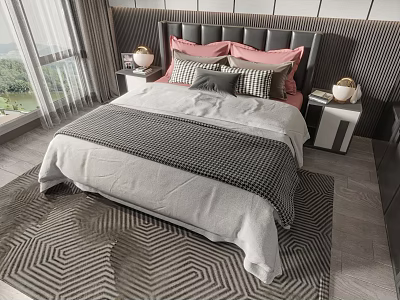 Modern Double Bed With Pink Headboard And Plaid Pillows Nightstand Lamps On Geometric Rug 3d model