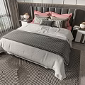 Modern Double Bed With Pink Headboard And Plaid Pillows Nightstand Lamps On Geometric Rug