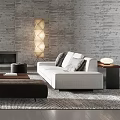 Modern Living Room Interior With Concrete Ceiling Stone Fireplace And White Sofa