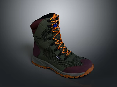 Durable High Top Outdoor Hiking Boots With Green Upper Purple Accents And Orange Laces 3d model