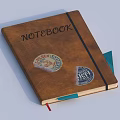 Brown Notebook With 'NOTEBOOK' Text Cover Chicken Pox Sticker Blue Accent Black Strap Colored Bookmarks 3d model