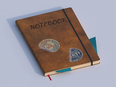 Brown Notebook With 'NOTEBOOK' Text Cover Chicken Pox Sticker Blue Accent Black Strap Colored Bookmarks 3d model