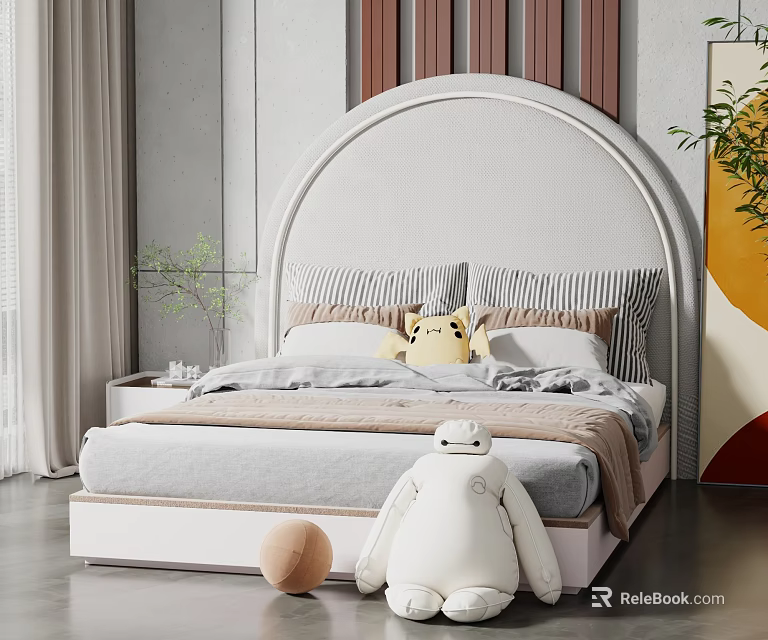 Children's Bed with Arched Headboard Gray Bedding Striped Pillows Yellow Stuffed Toy White Robot Plush 3d model 