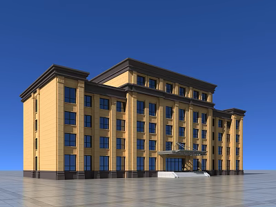 Yellow Facade Office Building With Dark Roof Multi Story Structure Numerous Windows And Spacious Plaza 3d model
