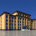 Yellow Facade Office Building With Dark Roof Multi Story Structure Numerous Windows And Spacious Plaza