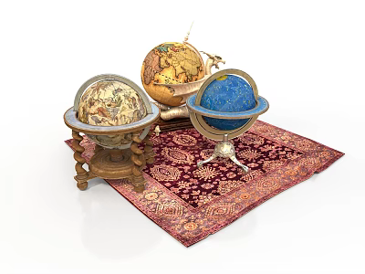 Decorative Vintage and Blue Globes on Ornate Patterned Carpet with Wooden Metal Stands 3d model