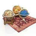 Decorative Vintage and Blue Globes on Ornate Patterned Carpet with Wooden Metal Stands