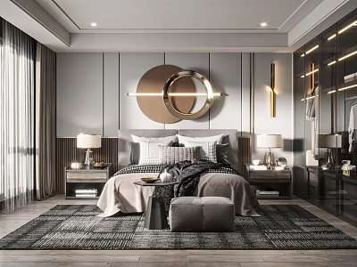 Modern Bedroom Interior With Round Decorative Mirror Table Lamps Pillows Stool And Rug 3d model