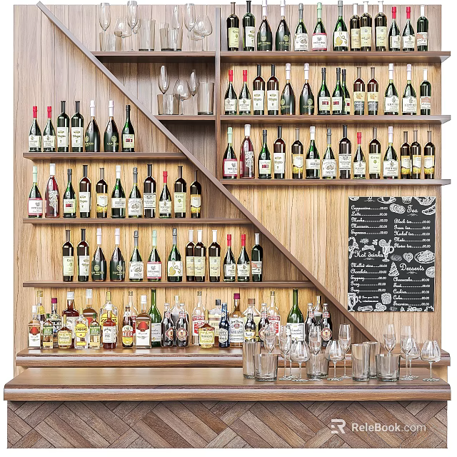 Wine Bar Display With Wooden Shelves Various Bottles Glassware And Blackboard Menu 3d model 
