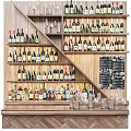 Wine Bar Display With Wooden Shelves Various Bottles Glassware And Blackboard Menu