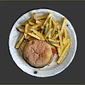 Delicious Hamburger With Sesame Bun Fresh Vegetables And Crispy French Fries On White Plate