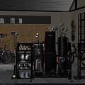 Durable Black Metal Storage Basket Organizing Golf Bags Shoes Near Bicycle and Bookshelf