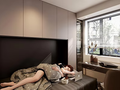 Woman Lying On Bed With Blanket Using Laptop In Bedroom By Window With Blinds 3d model