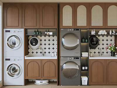 Home Balcony Laundry Space With Washing Machine Dryer Wooden Cabinets Tile Wall And Storage 3d model