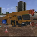 Yellow Crane Truck at Construction Site With Tall Buildings Cones And Clear Area Sign