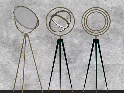Set Of Three Modern Tripod Floor Lamps With Circular Frames And Gold Dark Stands 3d model