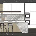 Modern Kitchen Interior With White Cabinets Wooden Accents Marble Island And Bar Stools