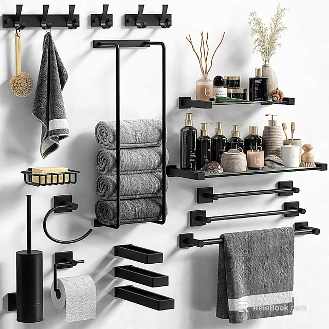 Modern Bathroom Accessories Including Towel Racks Bars Shelves Soap Dish And Toiletries 3d model 