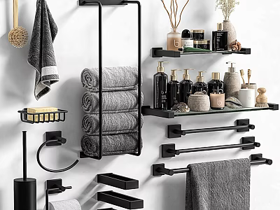 Modern Bathroom Accessories Including Towel Racks Bars Shelves Soap Dish And Toiletries 3d model