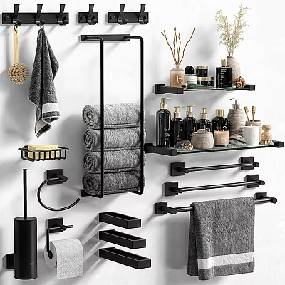 Modern Bathroom Accessories Including Towel Racks Bars Shelves Soap Dish And Toiletries 3d model
