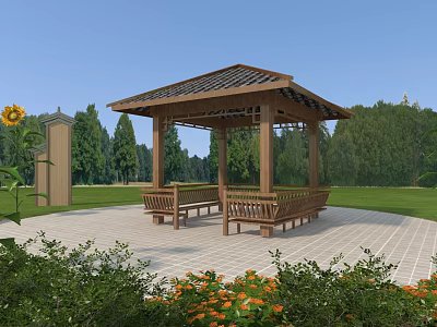 Wooden Pavilion In Outdoor Scenic Area With Green Lawn Trees Sunflowers Flower Bushes And Benches 3d model