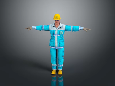Man in Yellow Hard Hat and Blue Work Uniform With Arms Outstretched Against Gray Background 3d model