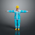 Man in Yellow Hard Hat and Blue Work Uniform With Arms Outstretched Against Gray Background