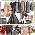 Trendy Women's Dresses Coats Shirts Hanging on Racks with Accessories Bags Hats Shoes