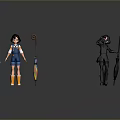 Two Women In Blue Overalls Yellow Boots And Black Outfit With Umbrella Cane Green Creature