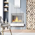 Modern Fireplace Interior With Burning Flames Marble Base And Wood Stack On Dark Wall 3d model