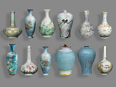 Various Colorful Ceramic Vessels With Intricate Floral Patterns And Shapes 3d model