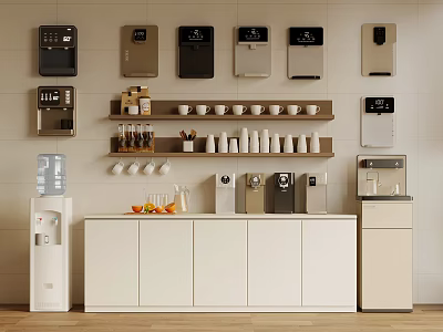 Home Kitchen Beverage Station with Water Dispensers Coffee Machines Cups and Fruits 3d model