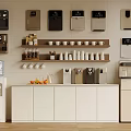 Home Kitchen Beverage Station with Water Dispensers Coffee Machines Cups and Fruits