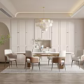 Elegant Modern Restaurant Interior With Dining Table Pendant Lights And Wall Paneling 3d model